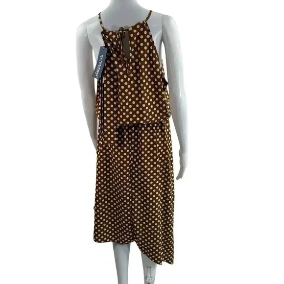Anna Kaci California1XL Boho Midi Halter Dress Brown Asym polka dot Western NWT - Picture 4 of 16